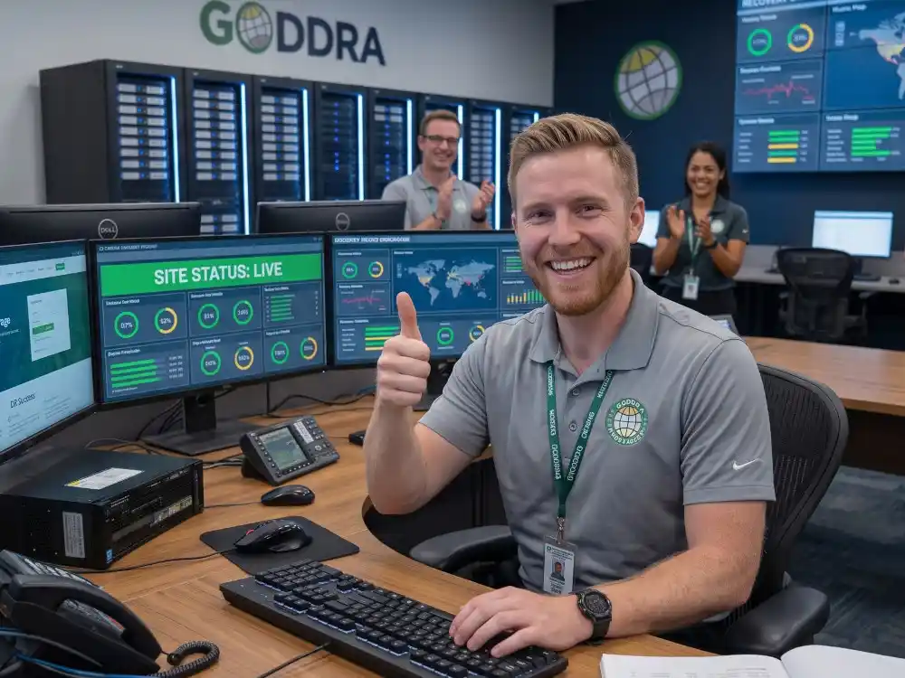 GODDRA cyber defence analyst giving a thumbs up during a security simulation test in the SOC.
