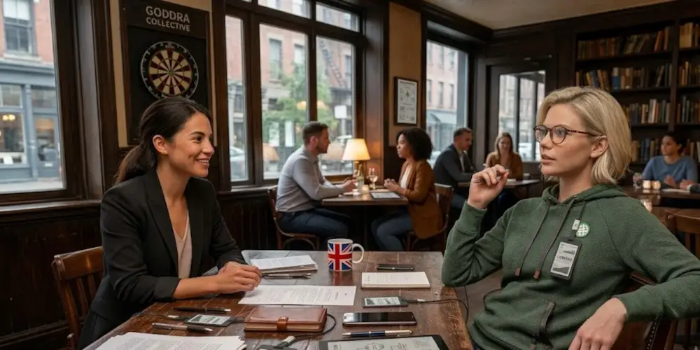 Smartly dressed female client discussing digital strategies with a GODDRA consultant across a table in an upscale restaurant.
