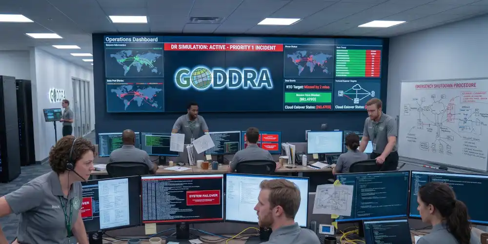 GODDRA security staff actively conducting a disaster recovery simulation in an IT Security Operations Center.