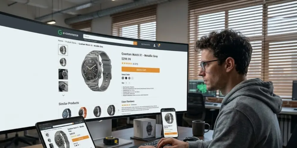 A GODDRA team member at a desk developing and coding a modern e-commerce online store website on screen.