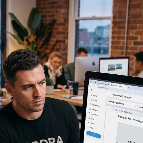 Alt Text: Goddra advertising consultant discussing campaign strategy with a client in a modern meeting room.
