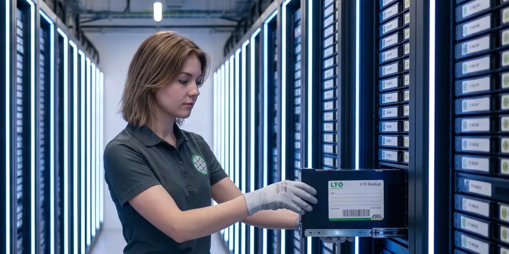 A GODDRA IT security team member placing an encrypted device into a secure storage compartment.
