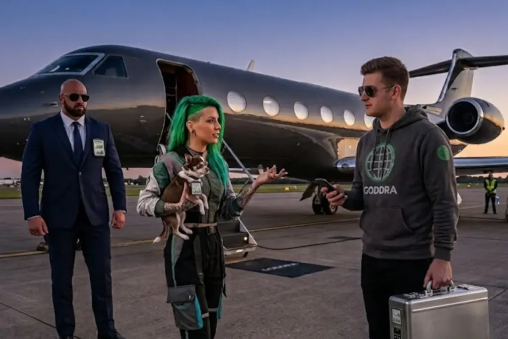 A GODDRA lead consultant carrying a briefcase meets an influencer and her security guard on an airfield runway in front of a private jet.