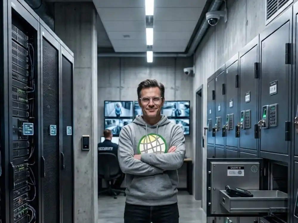GODDRA IT expert with arms folded standing in a secure vault corridor for encrypted device safes.