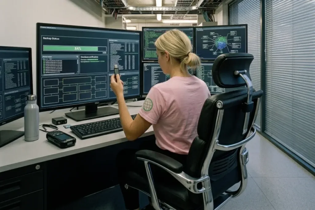 Female GODDRA security agent sitting at her office desk monitoring a high-speed data download progress bar for a client digital asset backup on her desktop screen.