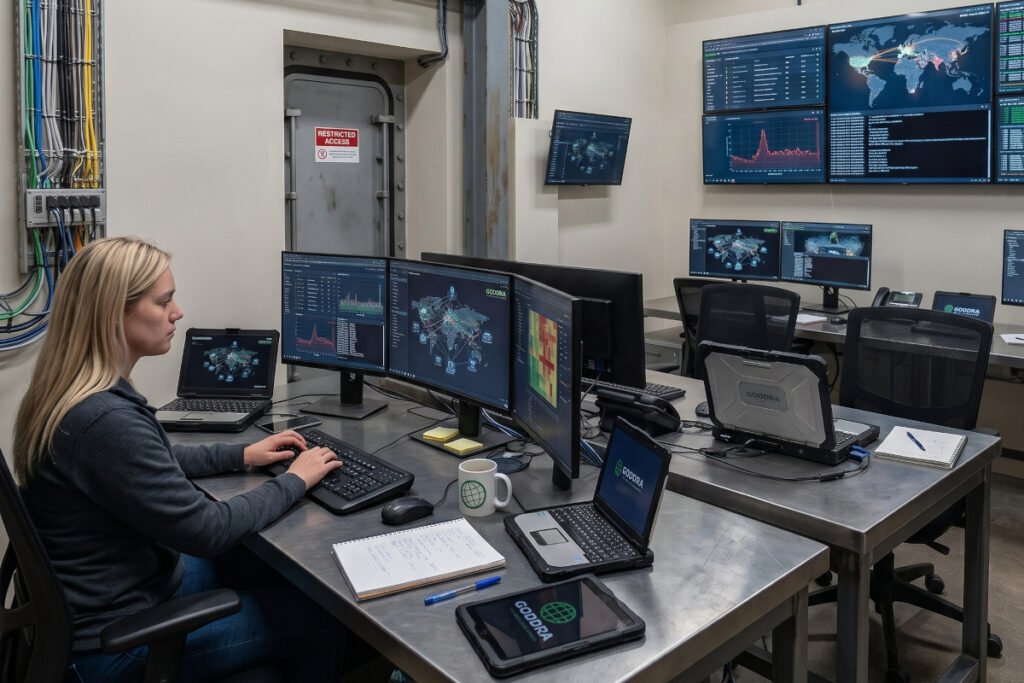 GODDRA cybersecurity officer seated at workstations inside an underground Security Operations Centre room, attentively monitoring illuminated threat displays.