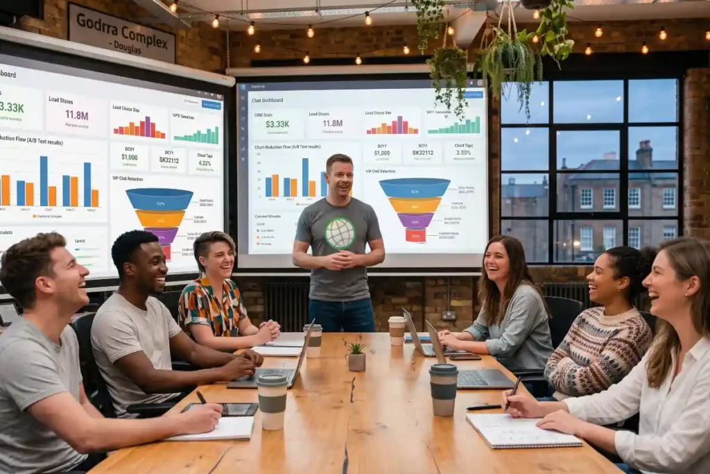 A male presenter standing in a glass conference room, leading a marketing strategy presentation for six colleagues seated around a boardroom table.