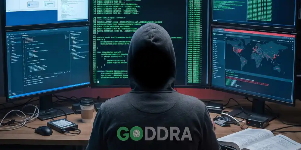 A GODDRA penetration test consultant wearing a hoodie with the hood up, viewed from behind as they analyze terminal code across multiple workstation screens.