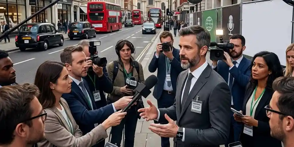 Male PR expert wearing a suit standing on Fleet Street, surrounded by journalists holding press microphones.