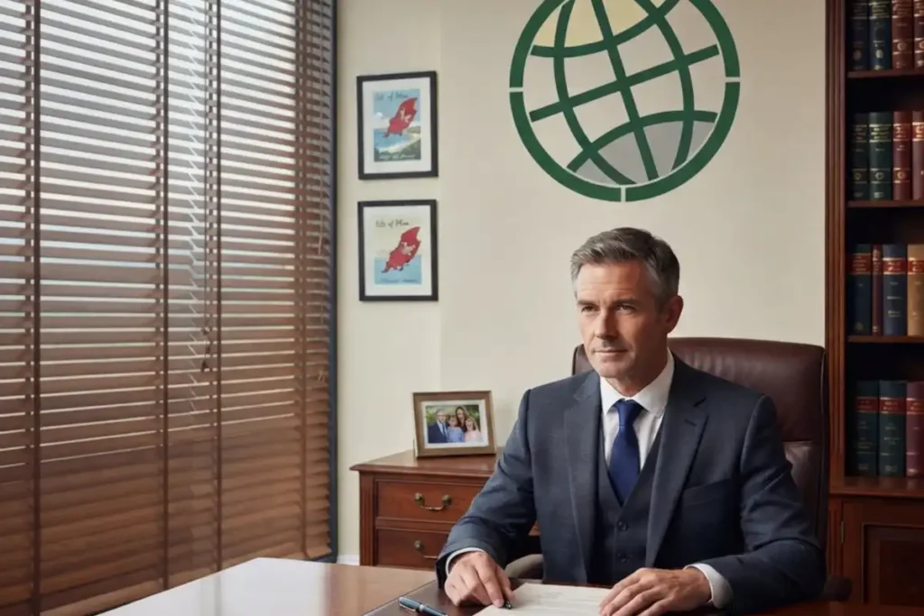 A smartly dressed male GODDRA PR official in a suit, seated at an executive desk in a plush private office to handle press enquiries.