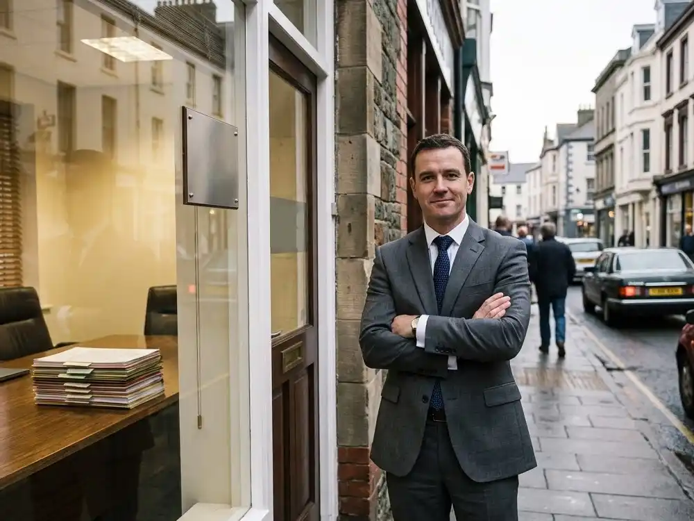 Legal expert wearing a suit standing on the street outside his office building.