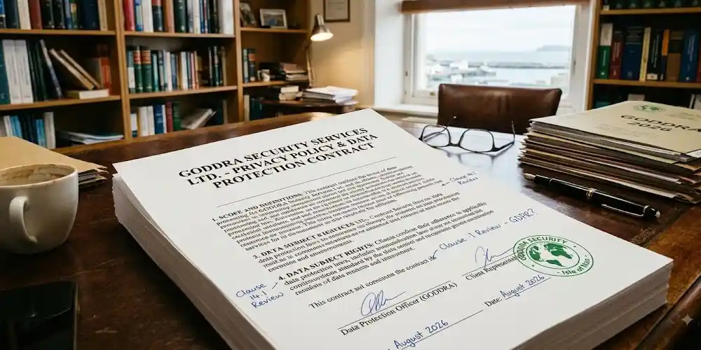 Privacy policy and data protection contract lying on a desk in a personal office.