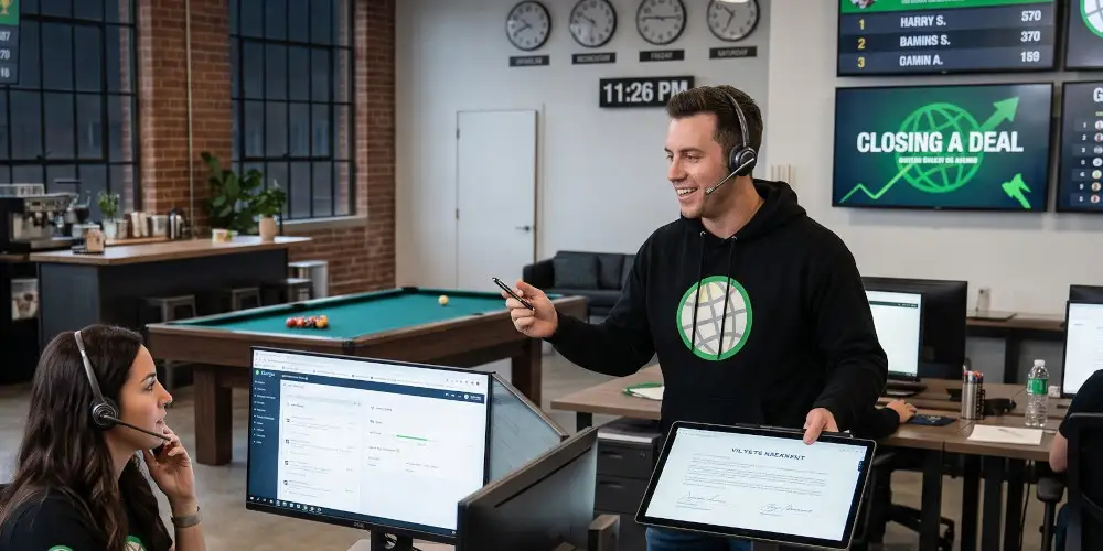A male sales lead sharing exciting news with a female team member in a bright, modern open-plan office.