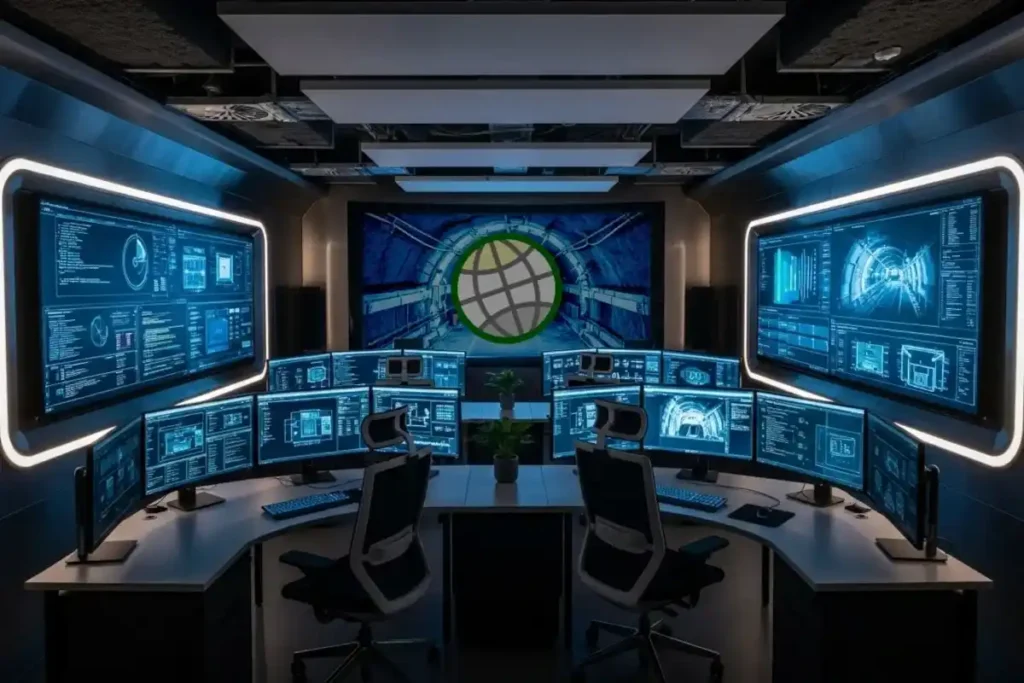 A modern GODDRA Security Operations Center (SOC) room featuring two analyst desks with dual-monitor setups and a large central threat-monitoring wall display.