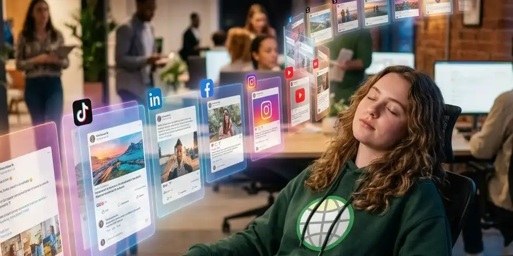 Female GODDRA employee in a branded hoodie sleeping at her office desk with transparent social media icons (like 'like', 'retweet', 'share') floating past her.