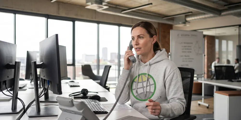 Female GODDRA employee wearing a branded hoodie talking on the phone in a cool office.