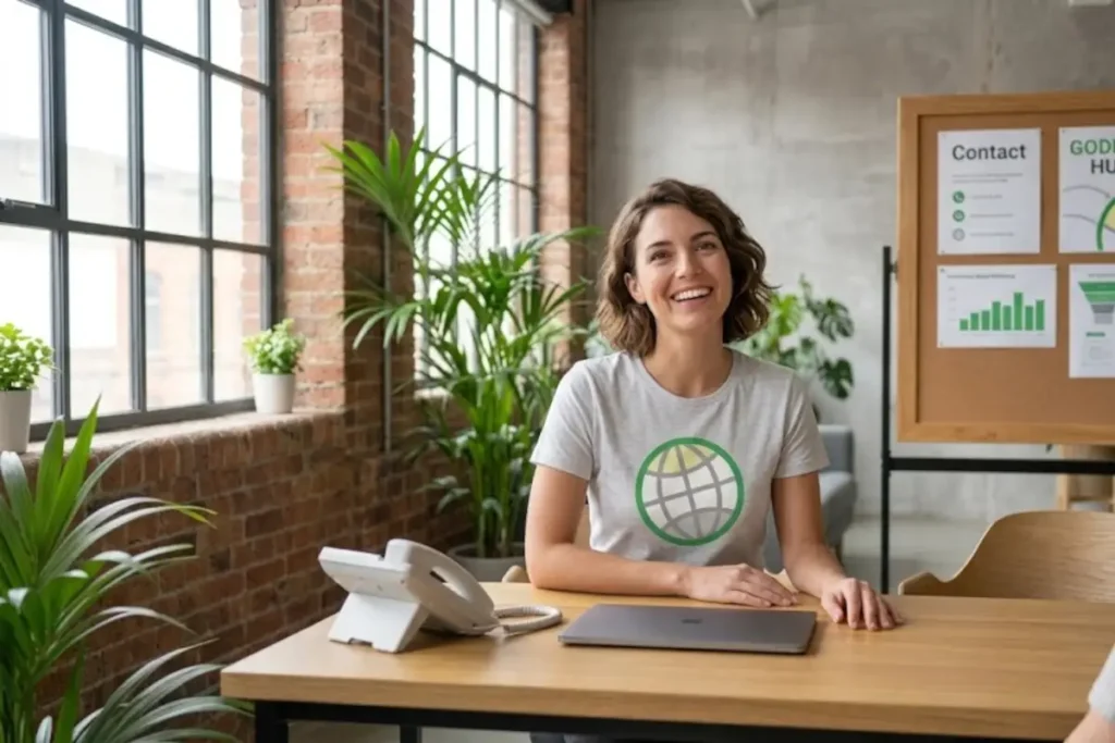 A female GODDRA support team member sitting at her office desk with a closed laptop, smiling and laughing with a colleague off-camera.