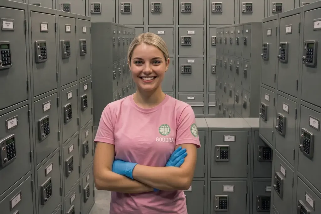 Female GODDRA cybersecurity executive wearing blue protective gloves standing with arms folded and smiling inside an underground locker room filled with secure metal vaults for device storage.