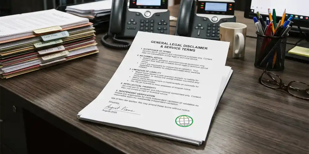Terms of use and general legal disclaimer document resting on a desk.