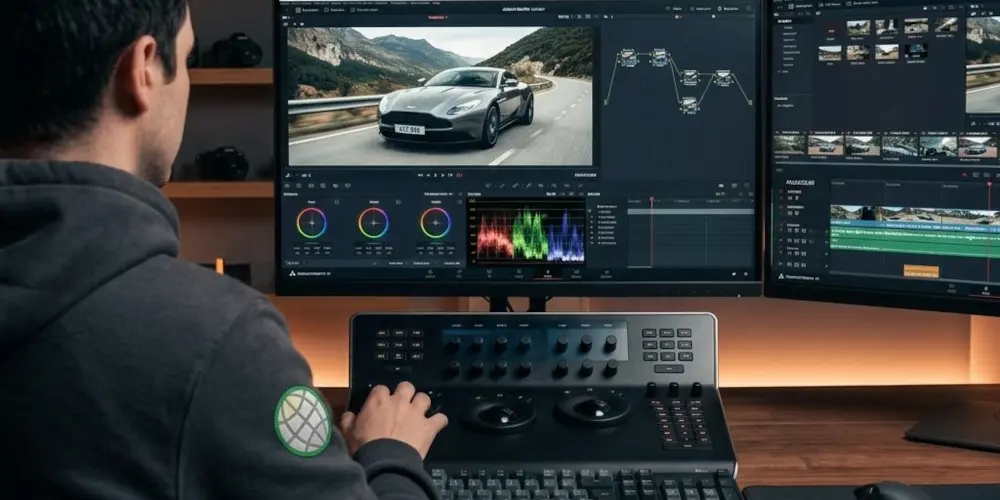 Video editor seen from behind working on a dual-monitor setup running professional editing software.