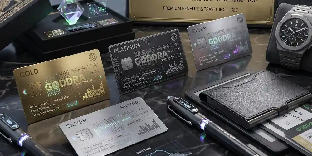 A sleek wooden desk showcasing premium GODDRA VIP merchandise, including an engraved black VIP card, a custom pen, and a high-end wrist watch.