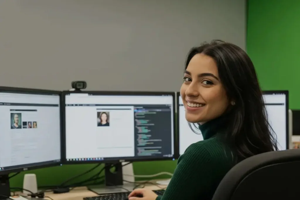 Female web designer turning around in her office chair to smile at the camera, with desktop monitors displaying website layouts inside the GODDRA head office.