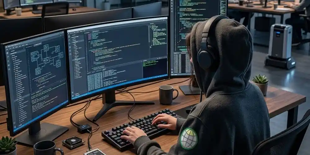 GODDRA web developer wearing a hoodie with the hood up and headphones on, focusing on coding at her desk.