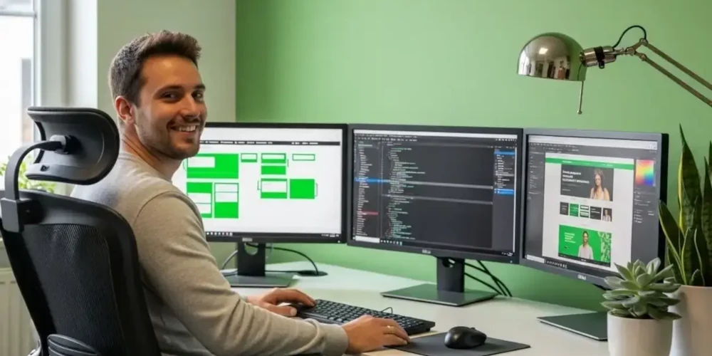 A male web developer in a beige jumper turning to smile at the camera while coding on a three-monitor setup in a green-themed office.