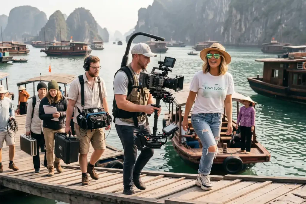 Presenter and passengers walking up a wooden gangplank near traditional Asian boats with towering limestone cliff islands visible in the sea behind them during a film shoot.