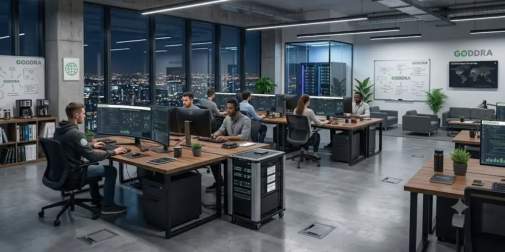 The GODDRA cyber security headquarters at night, filled with IT specialists working at multi-monitor desks to maintain 24/7 system safety.