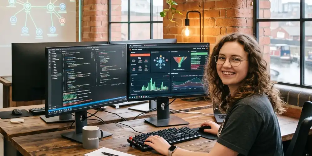 A female marketing executive in a dark t-shirt turning from her desk to smile, with digital marketing funnels visible on her screens.