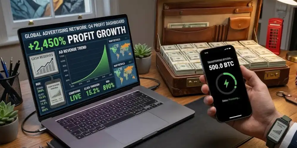 Laptop displaying digital monetisation metrics beside a mobile phone transferring crypto.