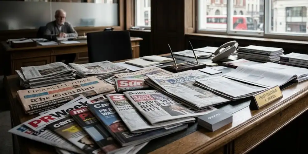 Multiple newspapers spread out across a desk in a press enquiries office.