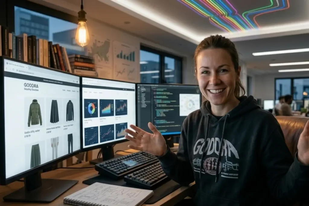 Female GODDRA team member grinning at the camera with her hands gestured outward in success, seated in front of a monitor showing a newly launched e-commerce website.