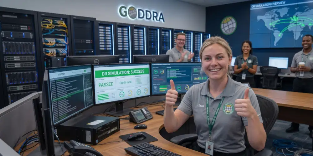 Female cybersecurity officer giving a thumbs-up at her desk inside a Security Operations Center after a successful simulation test.