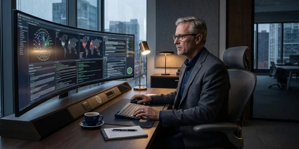 CTI Lead Consultant, analyses threat intelligence data on multiple monitors in his apartment.