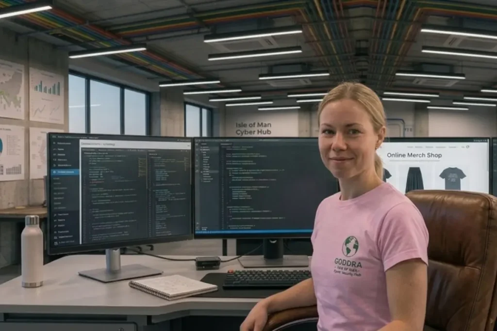Female software engineer looking toward the camera at her workstation, with multiple desktop monitors displaying backend web app portal code.