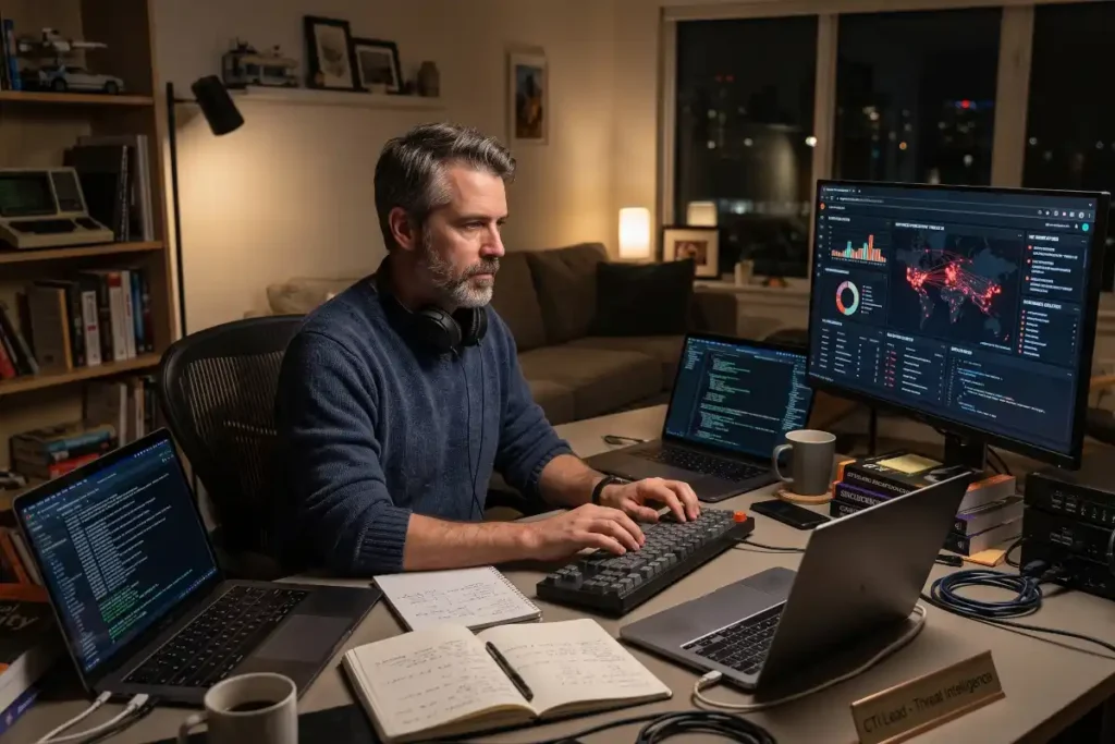 A male web developer working late at night in his home office on web portals and applications, surrounded by multiple monitors.
