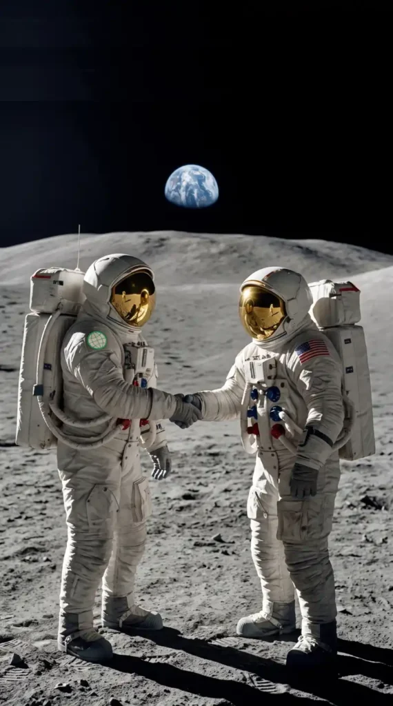 A striking photograph of two astronauts on the lunar surface, shaking hands firmly. One astronaut has the official "GODDRA" logo patch on their upper arm, and the other astronaut has a clear American flag patch on their arm. Their gold-tinted visors reflect the stark Martian landscape. In the mid-ground, a modular scientific lander with antennae and deployed solar panels is set up, along with a small exploration rover and various white domed structures and equipment boxes scattered across the fine, rust-colored regolith. The background is a vast, rocky plain under a continuous, deeply saturated reddish-brown sky, clear of any sun or external light source. Footprints are visible leading to the astronauts. The lighting is somber and diffused, highlighting the texture of the modern, detailed spacesuits and the rugged Martian terrain. This handshake signifies the monumental 50/50 joint venture partnership, connecting to the dedicated page.