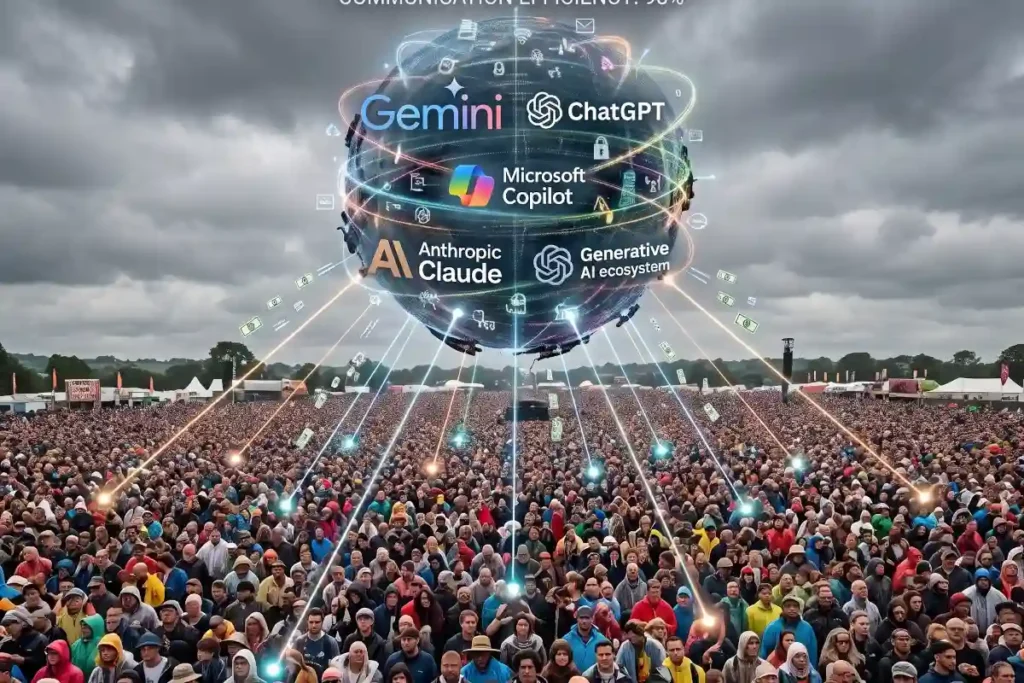 Audience-eye view looking out over a massive outdoor festival crowd under an overcast grey sky, with translucent glowing digital nodes targeting individual spectators.