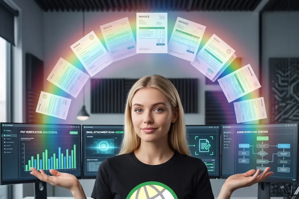 Blonde female staff member smiling at the camera while holographic paperwork and automated email verification workflows float organized above her screens.