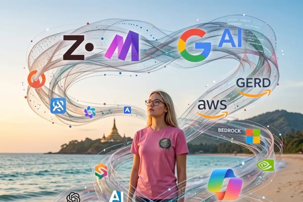 Female standing on a beach surrounded by semi-transparent floating artificial intelligence interface elements and digital network nodes.