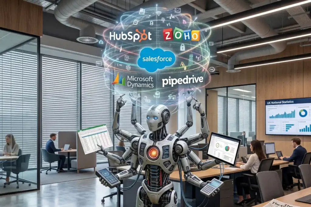 Sleek metallic AI robot standing inside a modern UK corporate office surrounded by floating, translucent holographic CRM data nodes and interface icons.