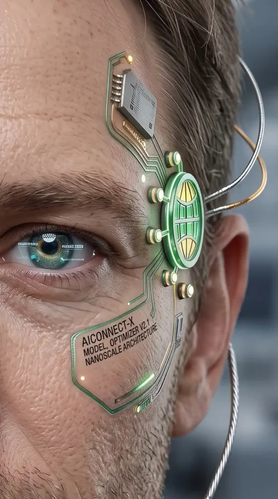 A dramatic, close-up photograph showing a man's profile with a sleek, futuristic microchip interface embedded at his temple, surrounded by subtle glowing circuits. The image serves as a playful, conceptual visual metaphor for deep human-AI synergy on the GODDRA AI page, contrasting sci-fi visual tropes with practical software engineering.