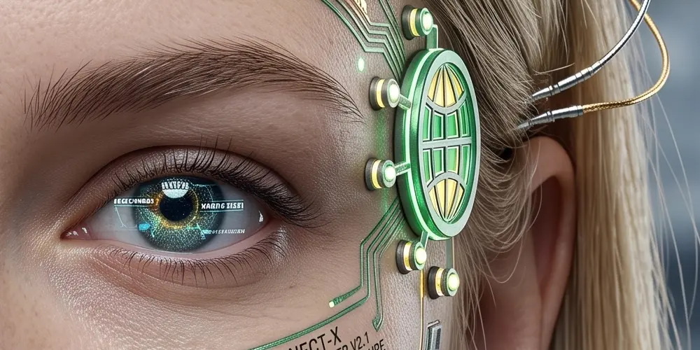Macro photographic close-up of a woman’s right profile—focused on her eye, ear, and a GODDRA branded circular icon embedded into her temple.