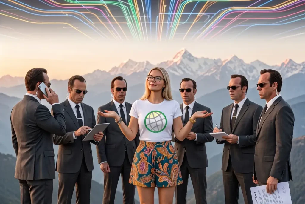 Casually dressed woman outdoors with light rays across the sky, flanked by multiple men in suits wearing sunglasses.