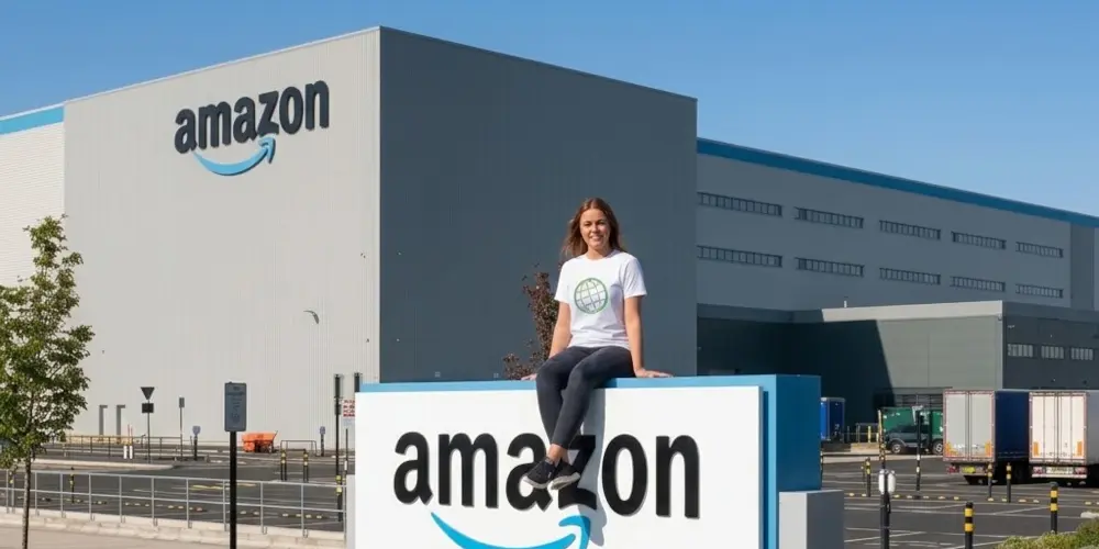 A male GODDRA e-commerce strategist sitting atop an outdoor facility sign situated directly in front of a large Amazon fulfillment warehouse.