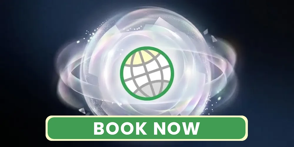 The circular green, grey, and yellow GODDRA globe icon centrally placed, surrounded by swirling translucent light streaks and glowing particles on a dark background, with a solid green button reading 'BOOK NOW' in bold white text positioned directly below.
