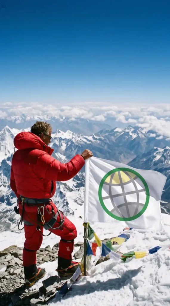A majestic, high-altitude photograph of a climber standing at the snow-covered summit of a Himalayan mountain, framed against a crisp blue sky and dramatic mountain ranges. Next to him, a durable fabric flag featuring the distinct green and grey GODDRA logo flies proudly in the wind, symbolizing reaching the pinnacle of brand identity and market position.