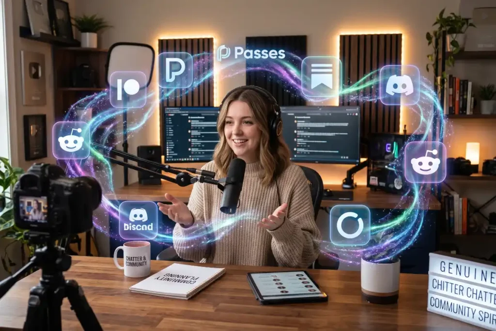 Female YouTuber sitting in her studio surrounded by glowing translucent swirls containing logos for Patreon, Passes, Substack, Discord, Reddit, Circle, and Skool.